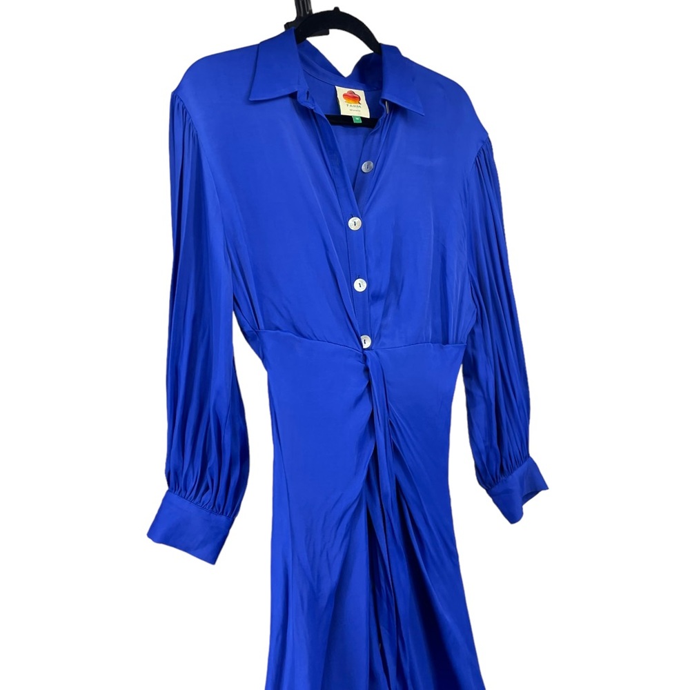 Farm Rio bright blue long dress with button front and beaded belted waist Medium - Picture 3 of 10